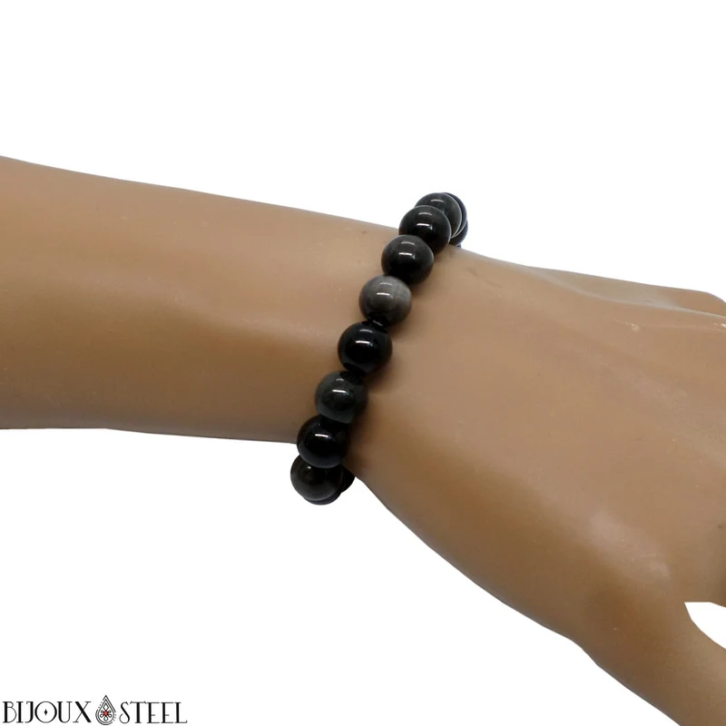 Bracelet en perles d'obsidienne argentée 8mm
