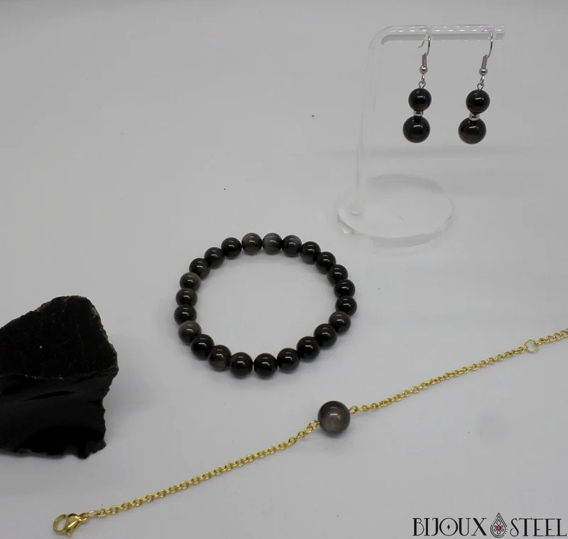 Bracelet en perles d'obsidienne argentée 8mm