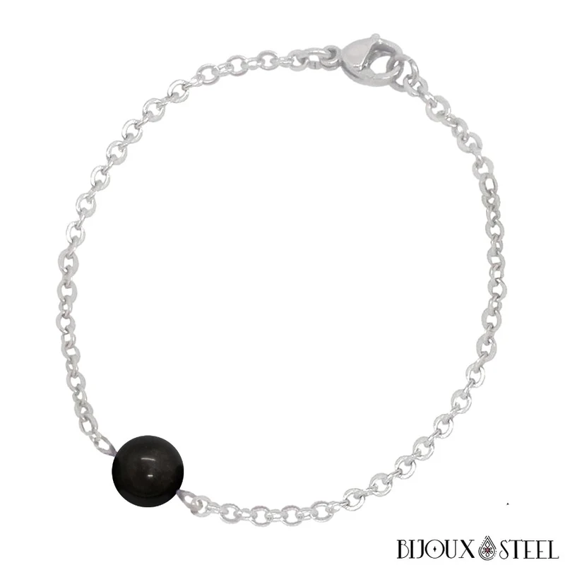 Bracelet à perle d'obsidienne argentée en acier inoxydable