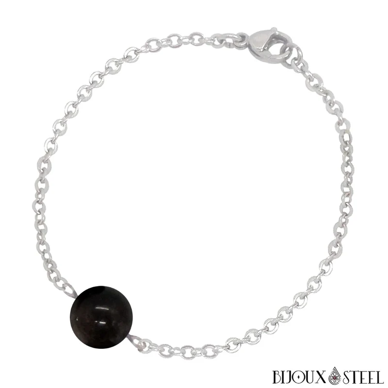 Bracelet à perle d'obsidienne argentée en acier inoxydable