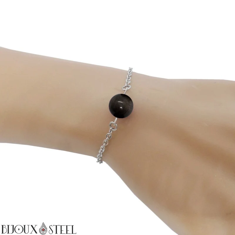 Bracelet à perle d'obsidienne argentée en acier inoxydable