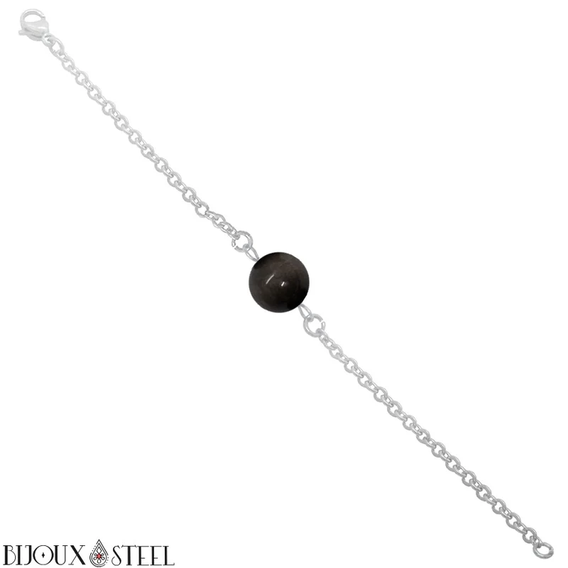 Bracelet à perle d'obsidienne argentée en acier inoxydable