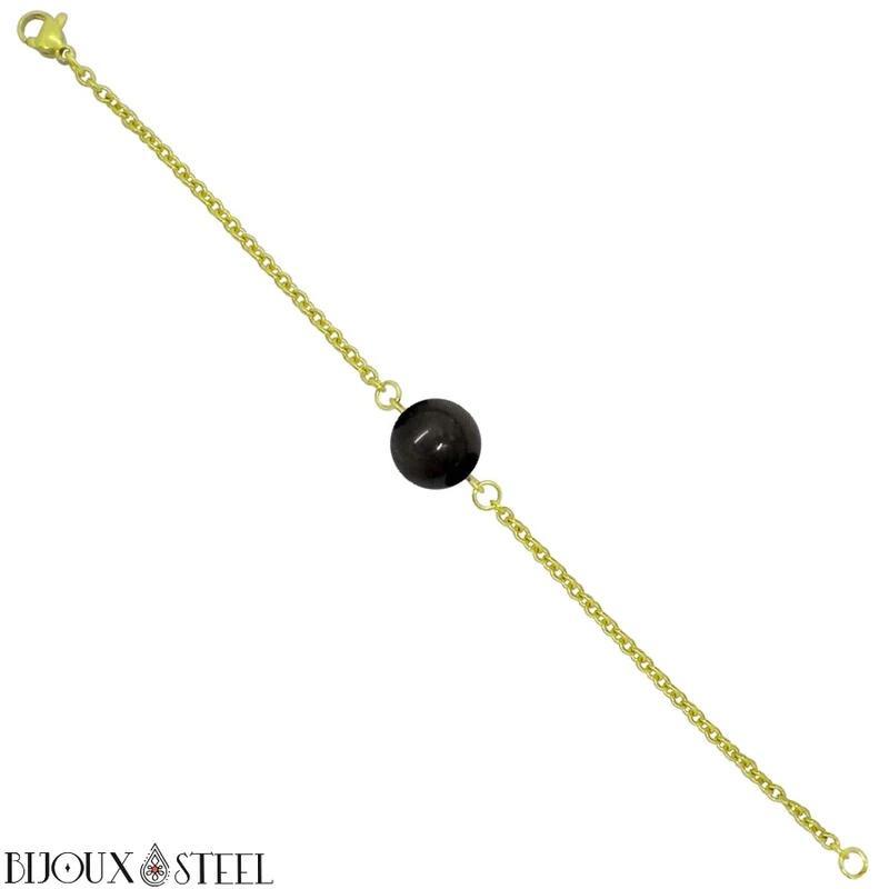 Bracelet à perle d'obsidienne argentée en acier inoxydable