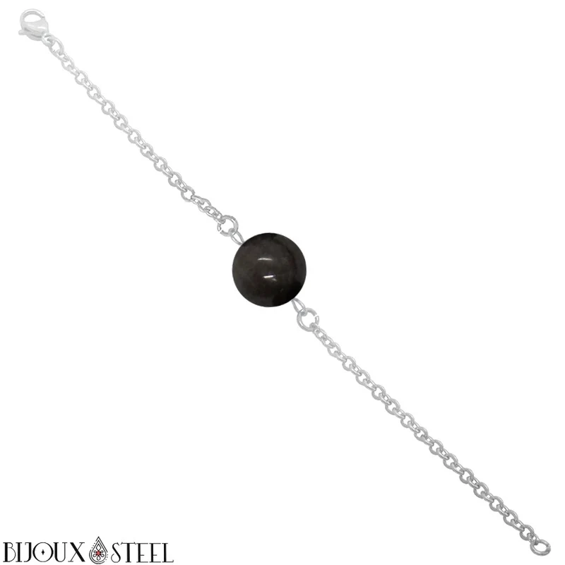 Bracelet à perle d'obsidienne argentée en acier inoxydable