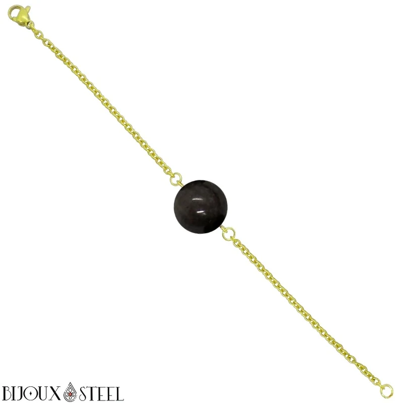 Bracelet à perle d'obsidienne argentée en acier inoxydable