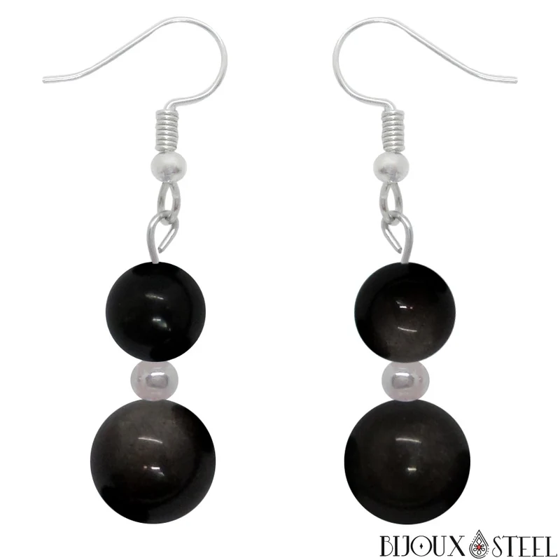 Boucles d'oreilles pendantes doubles perles d'obsidienne argentée