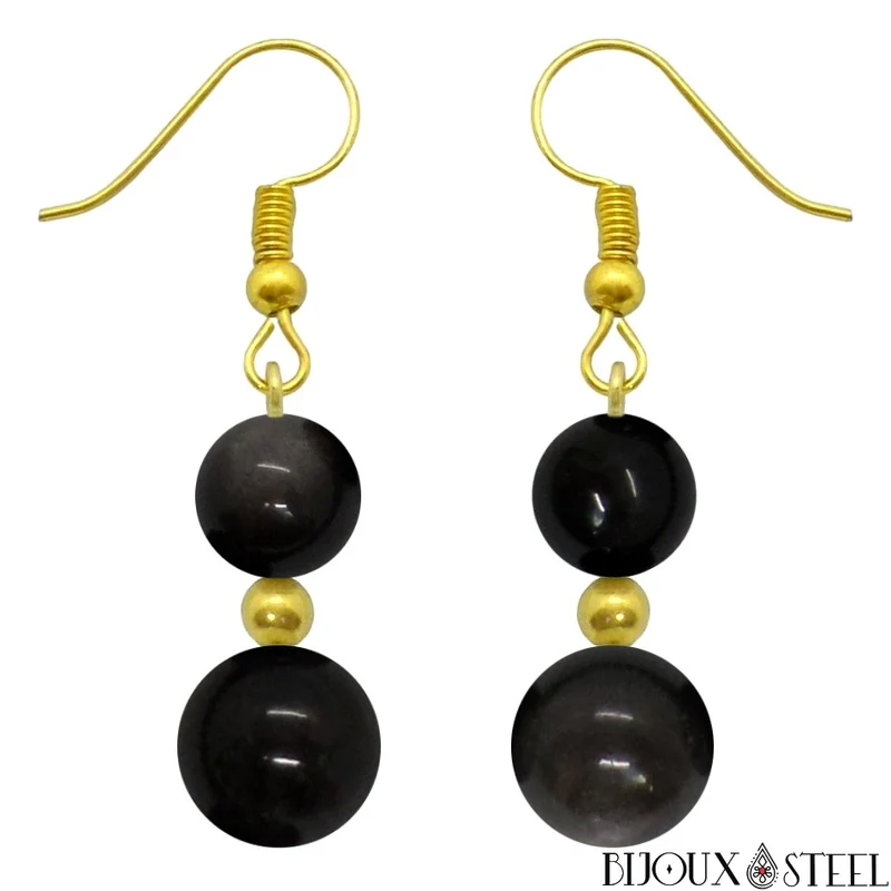 Boucles d'oreilles pendantes doubles perles d'obsidienne argentée