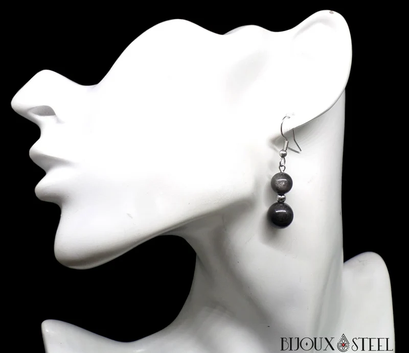 Boucles d'oreilles pendantes doubles perles d'obsidienne argentée