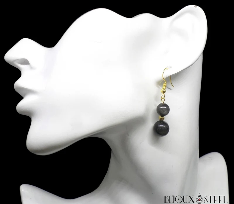 Boucles d'oreilles pendantes doubles perles d'obsidienne argentée