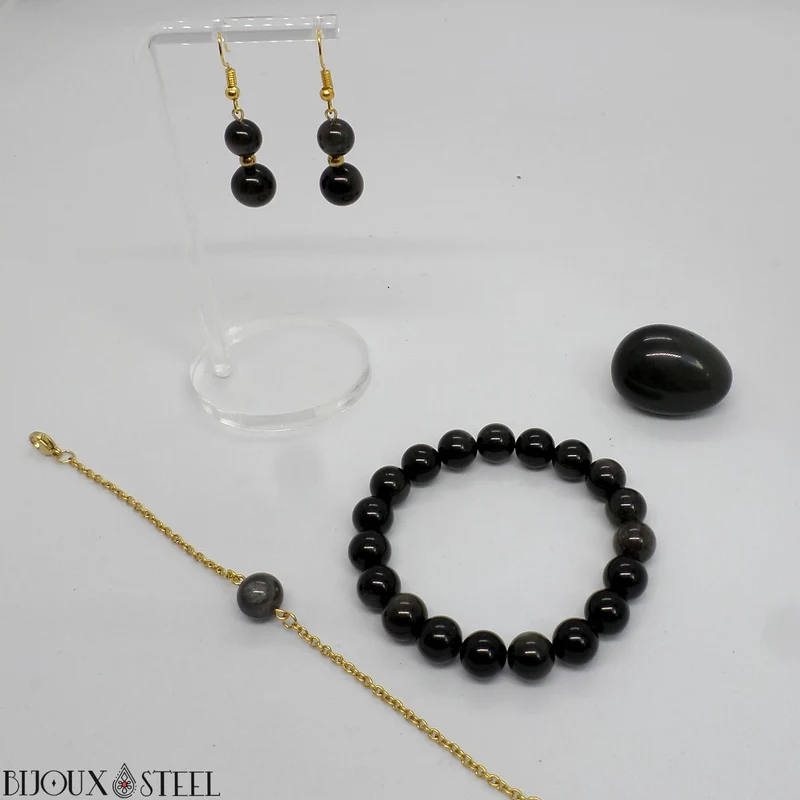 Boucles d'oreilles pendantes doubles perles d'obsidienne argentée