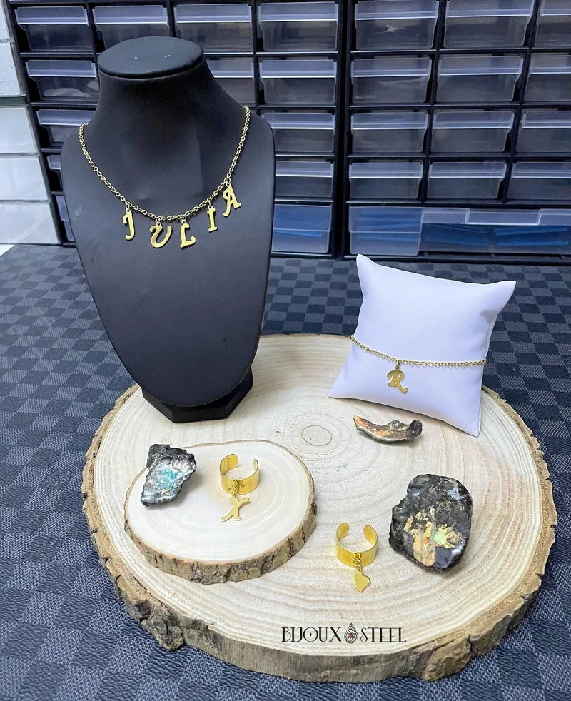 Collier prénom doré lettres pendantes personnalisables en acier inoxydable