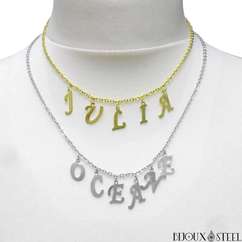 Collier prénom doré lettres pendantes personnalisables en acier inoxydable