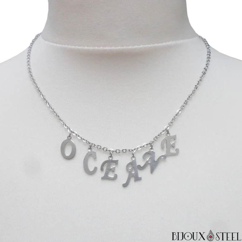 Collier prénom argenté lettres pendantes personnalisables en acier inoxydable