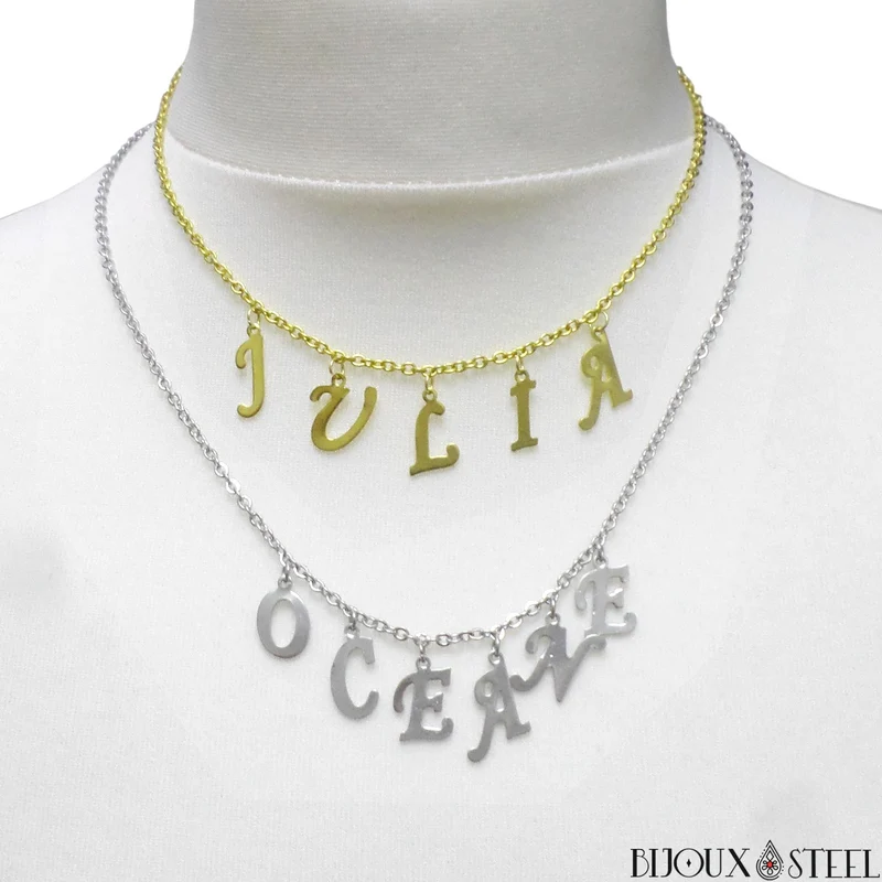 Collier prénom argenté lettres pendantes personnalisables en acier inoxydable