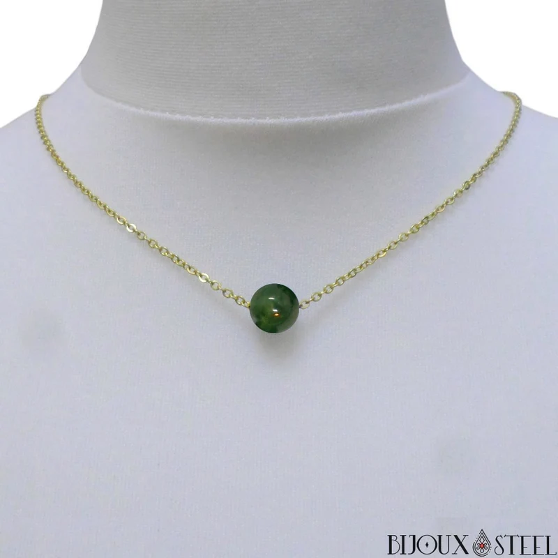 Collier à perle d'agate mousse en acier inoxydable