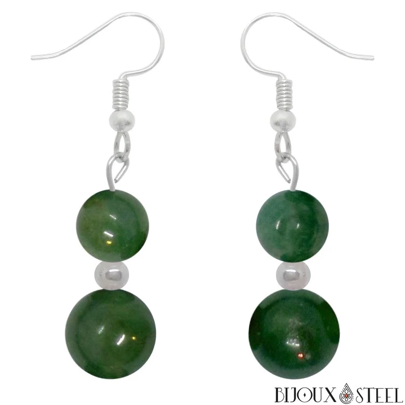 Boucles d'oreilles pendantes doubles perles d'agate mousse