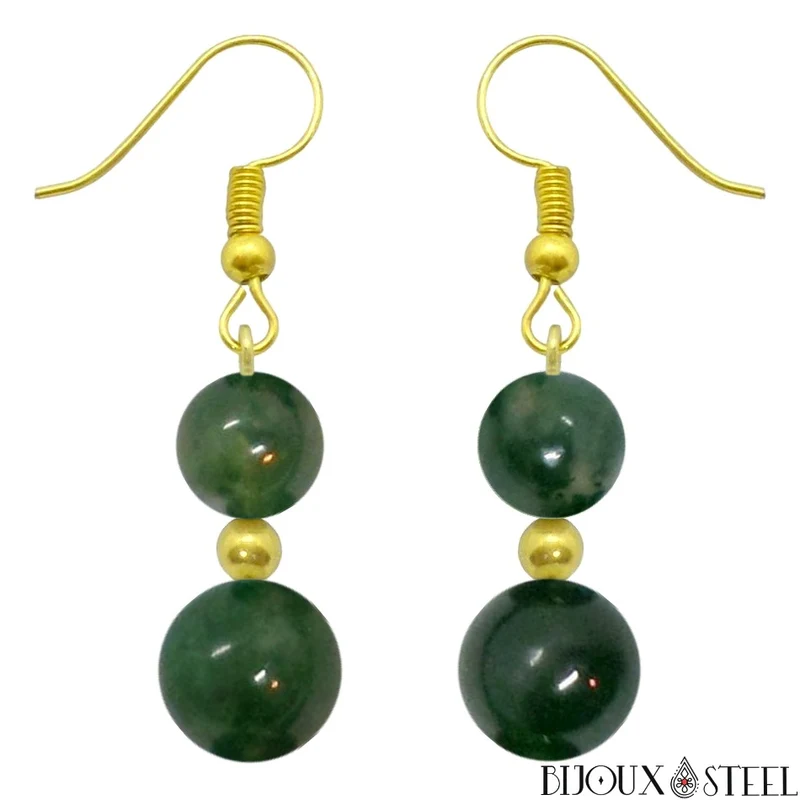 Boucles d'oreilles pendantes doubles perles d'agate mousse