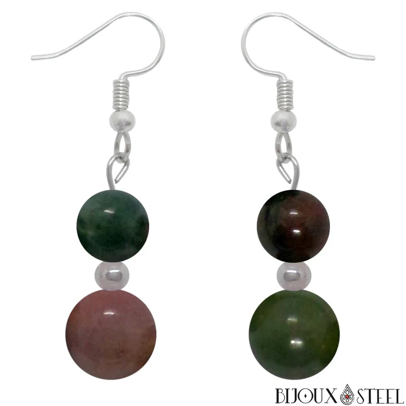 Boucles d'oreilles pendantes doubles perles d'agate indienne