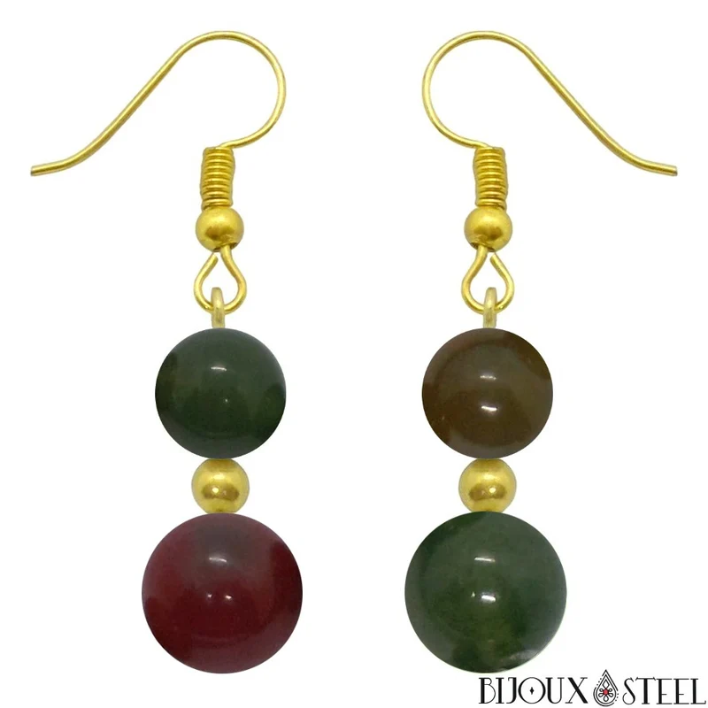 Boucles d'oreilles pendantes doubles perles d'agate indienne