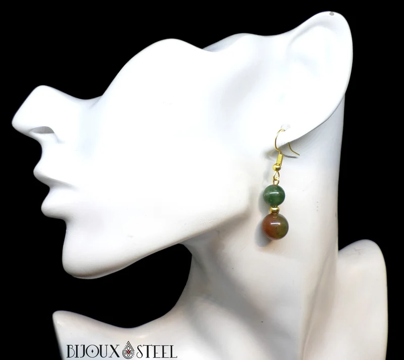 Boucles d'oreilles pendantes doubles perles d'agate indienne