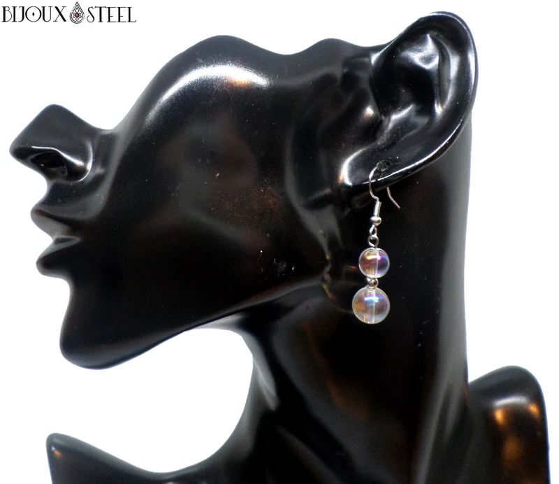 Boucles d'oreilles pendantes doubles perles de quartz angel aura