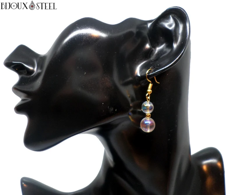 Boucles d'oreilles pendantes doubles perles de quartz angel aura