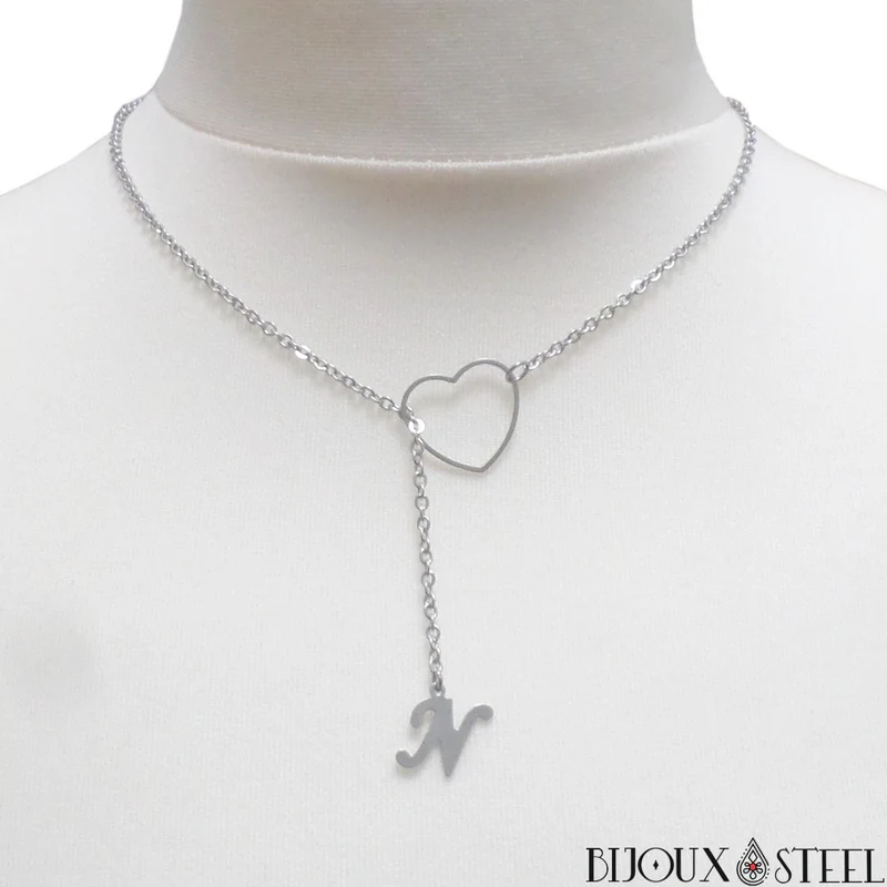 Collier coeur à pendentif lettre en acier inoxydable