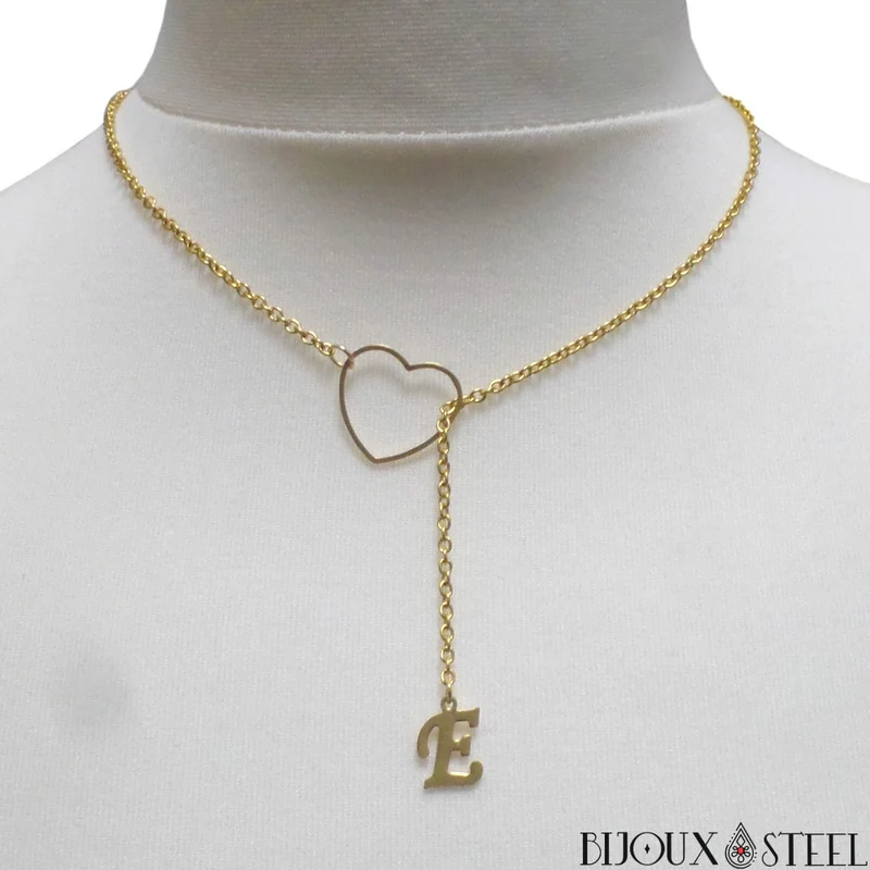Collier coeur à pendentif lettre en acier inoxydable