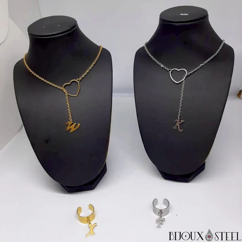 Collier coeur à pendentif lettre en acier inoxydable