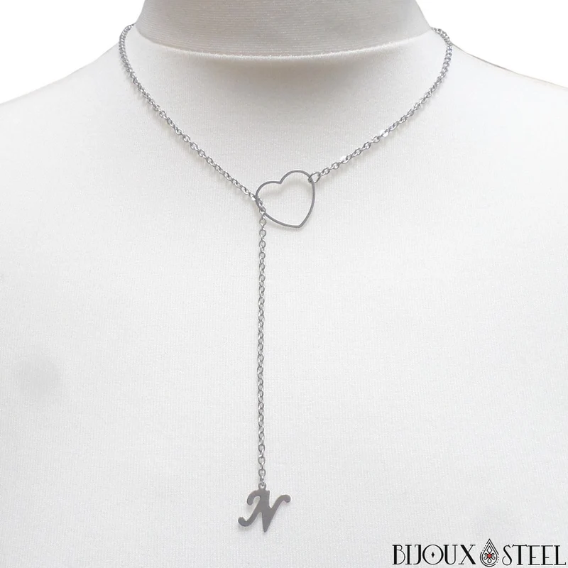 Collier coeur à pendentif lettre en acier inoxydable