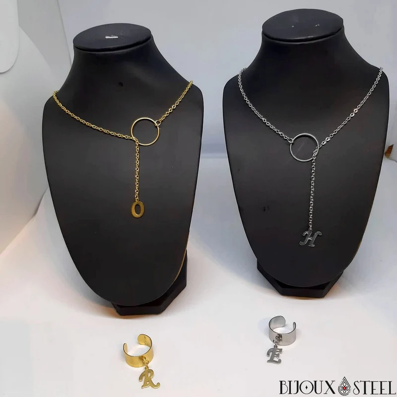 Collier anneau à pendentif lettre en acier inoxydable