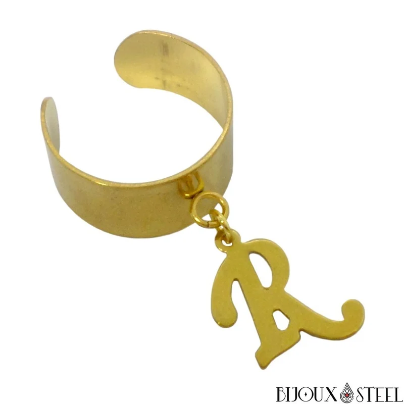 Bague large ajustable dorée à pendentif lettre en acier inoxydable