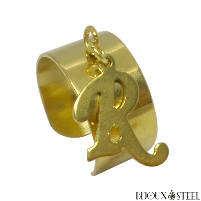 Bague large ajustable dorée à pendentif lettre en acier inoxydable