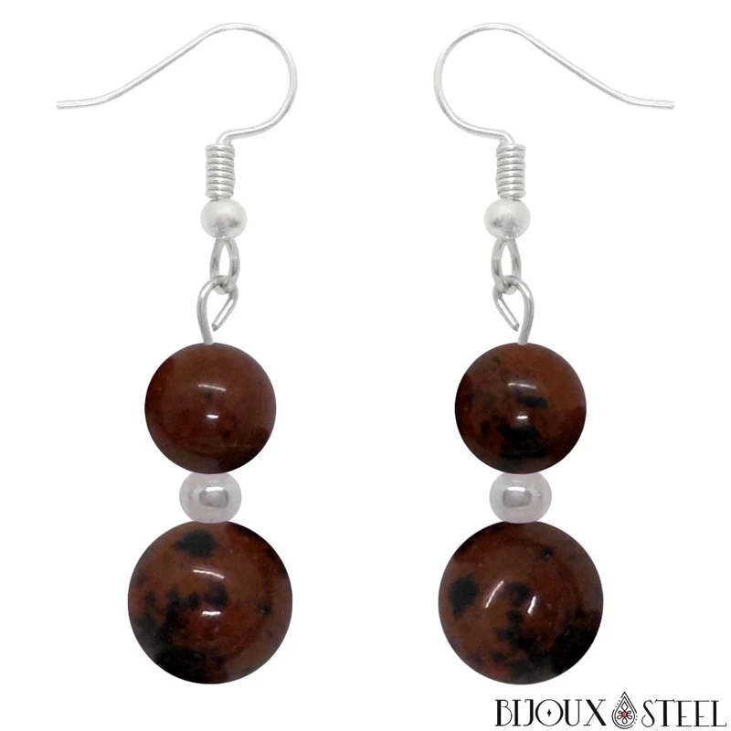 Boucles d'oreilles pendantes doubles perles d'obsidienne acajou