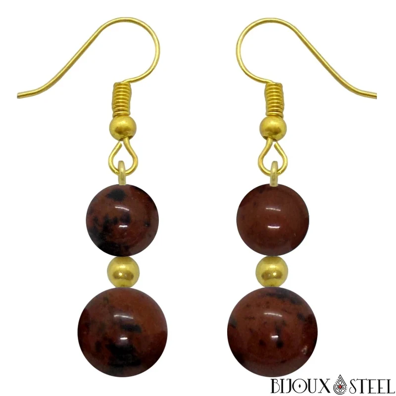 Boucles d'oreilles pendantes doubles perles d'obsidienne acajou