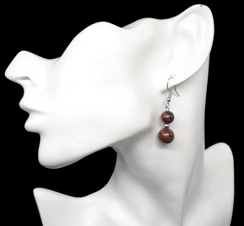 Boucles d'oreilles pendantes doubles perles d'obsidienne acajou
