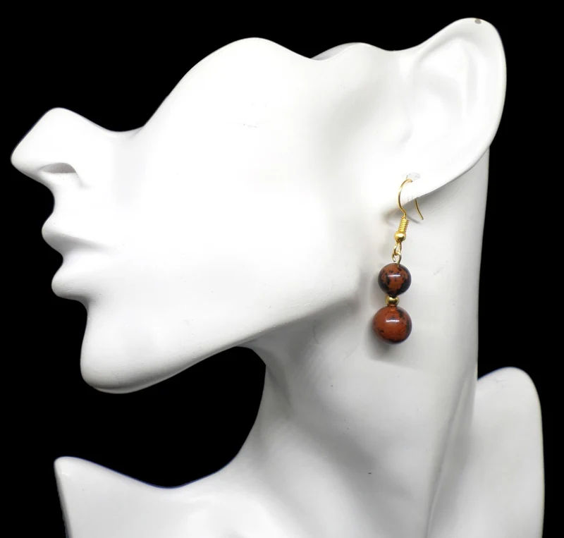 Boucles d'oreilles pendantes doubles perles d'obsidienne acajou