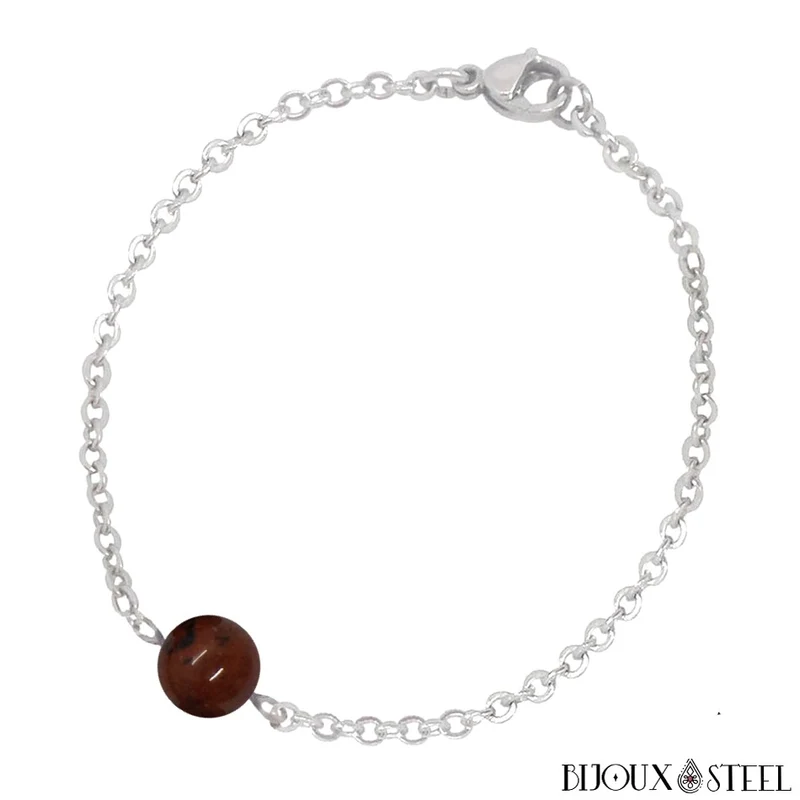 Bracelet à perle d'obsidienne acajou en acier inoxydable