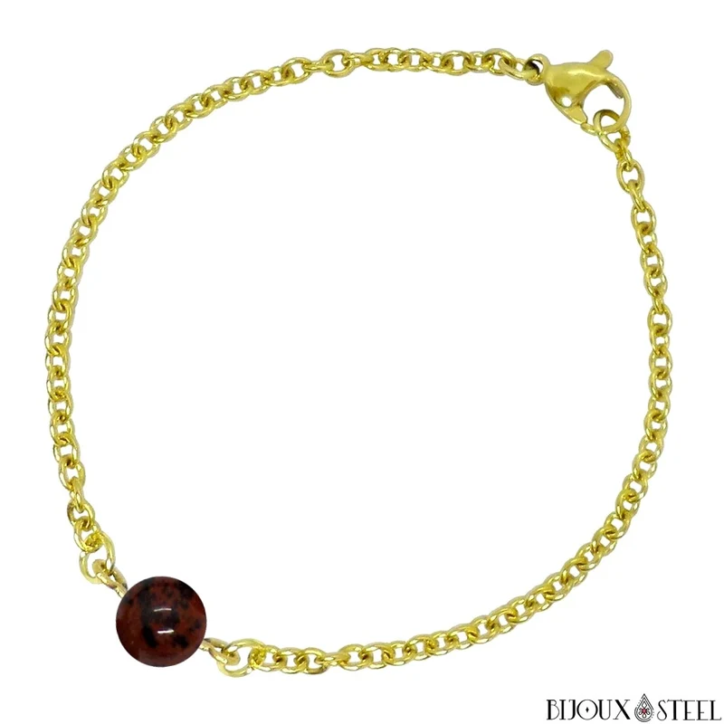 Bracelet à perle d'obsidienne acajou en acier inoxydable