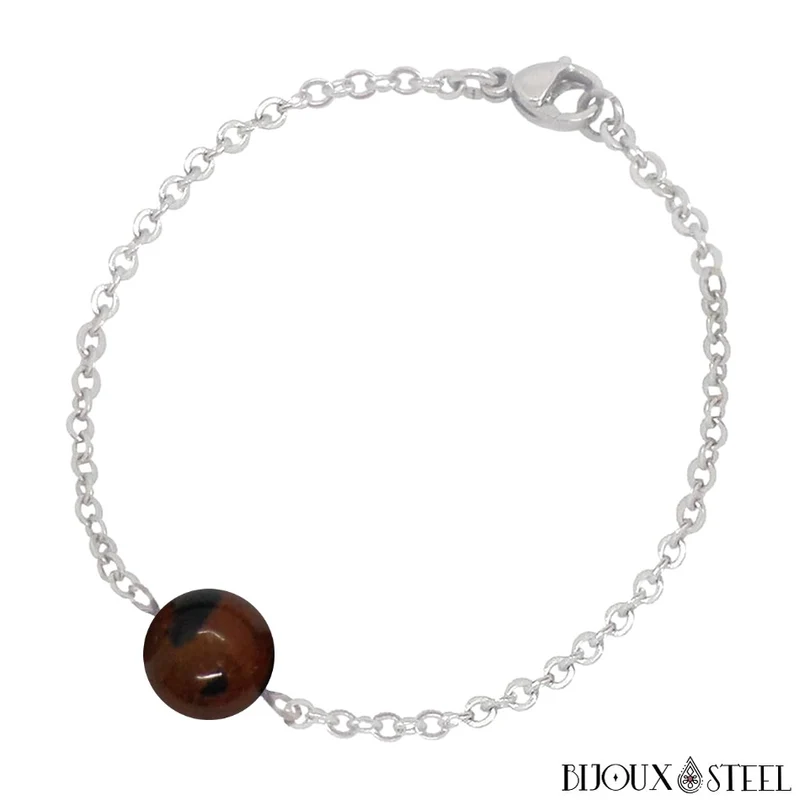 Bracelet à perle d'obsidienne acajou en acier inoxydable