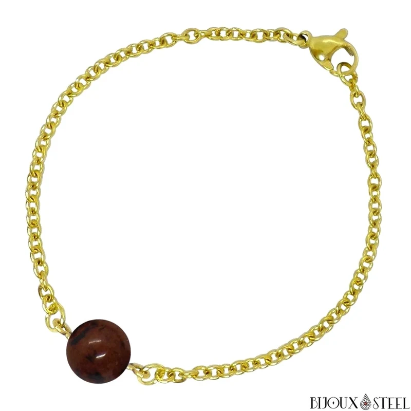 Bracelet à perle d'obsidienne acajou en acier inoxydable