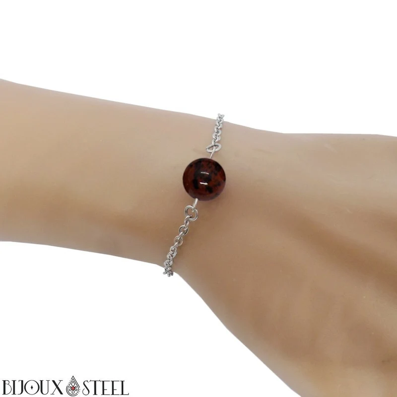 Bracelet à perle d'obsidienne acajou en acier inoxydable