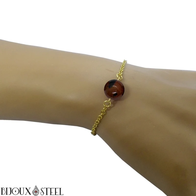 Bracelet à perle d'obsidienne acajou en acier inoxydable