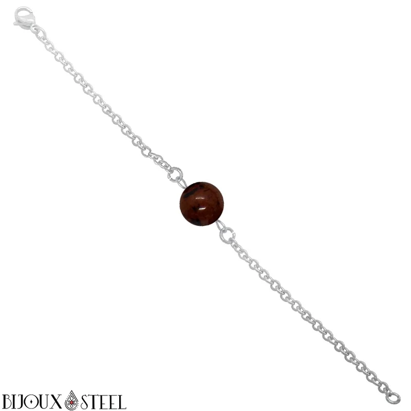 Bracelet à perle d'obsidienne acajou en acier inoxydable