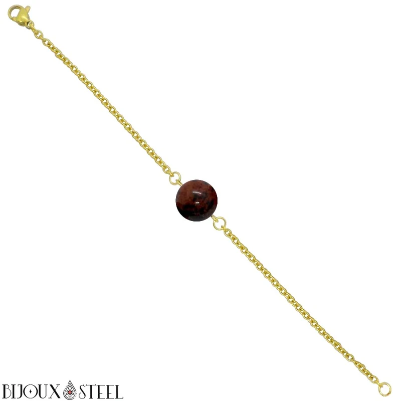 Bracelet à perle d'obsidienne acajou en acier inoxydable