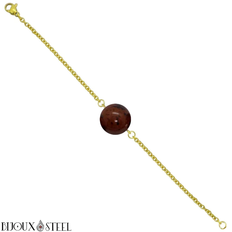 Bracelet à perle d'obsidienne acajou en acier inoxydable