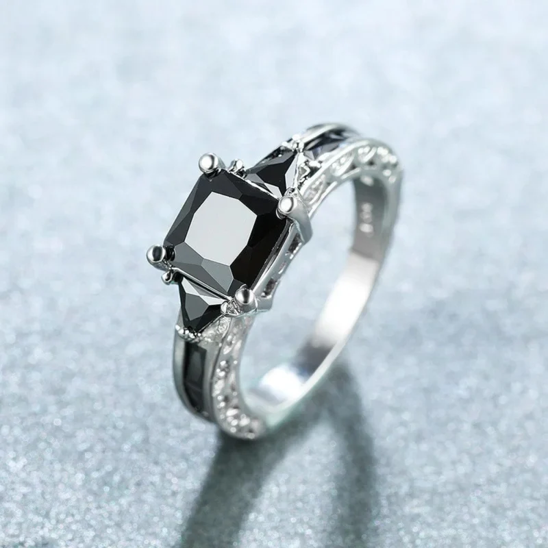 Bague Argent Pierre Noire Mariage