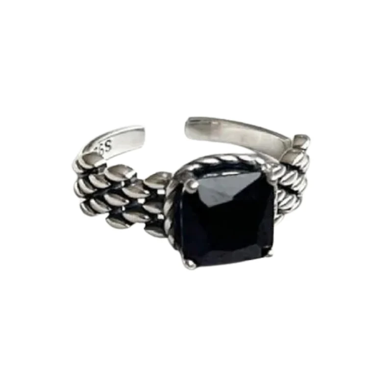 Bague Argent Pierre Noire Carrée