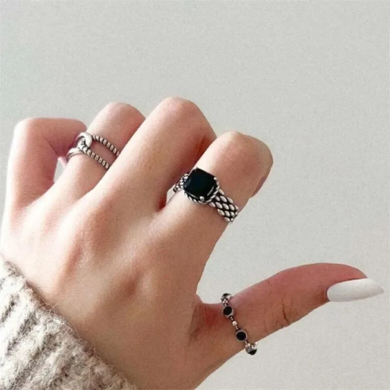 Bague Argent Pierre Noire Carrée