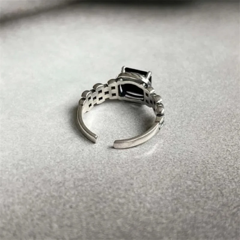 Bague Argent Pierre Noire Carrée